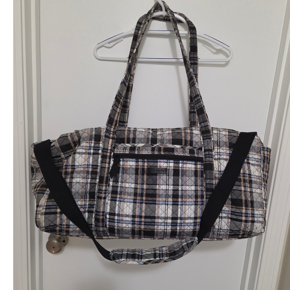 Vera Bradley Large Duffel Heritage Plaid Weekender Travel Bag Black Gray - Picture 2 of 9